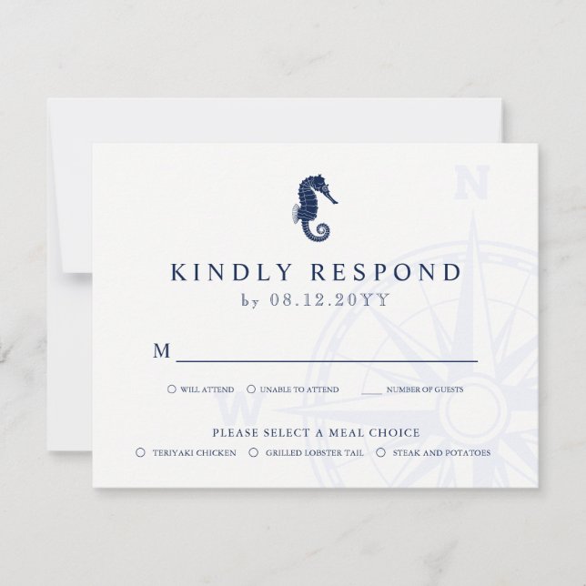 Seepferd | RSVP-Hochzeitessen (Nautic Themed Weddi RSVP Karte (Vorderseite)