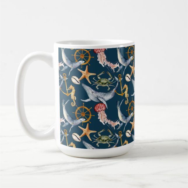 Seepferd, Schiffrad, Wale, Krebse, Starfish Blau Kaffeetasse (Links)