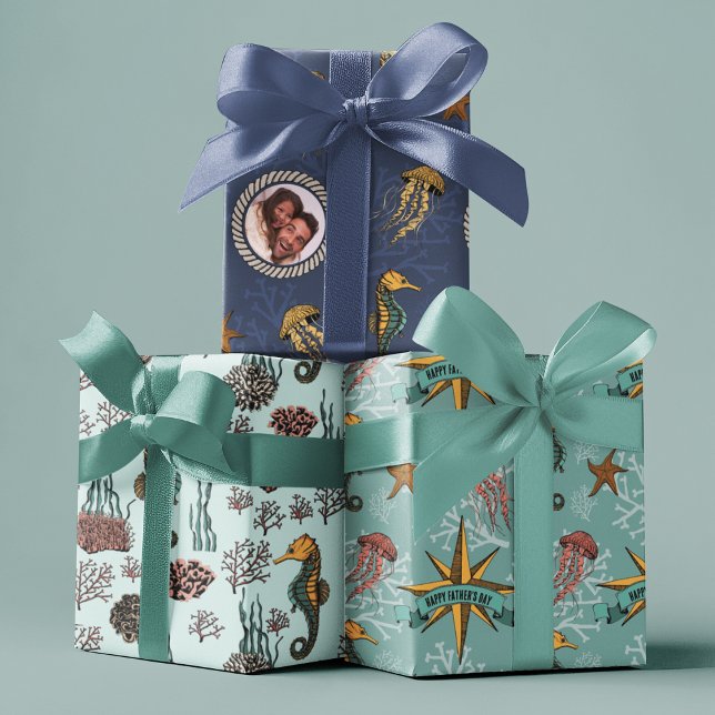 Seepferd, Seeteufel, Quallen und Korallen Geschenkpapier Set (Fun Sea Animals (Seahorse, Jellyfish, Starfish) Drawings in Ink. 
Custom Photo & Personalized Text.)