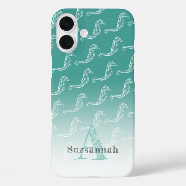 Seepferd Skeleton Muster Sea Green Monogram Name Case-Mate iPhone Hülle (Rückseite)