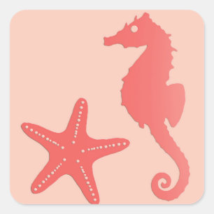 Seepferd & Starfish, Coral Orange Quadratischer Aufkleber
