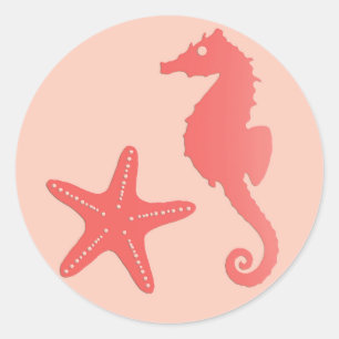 Seepferd & Starfish, Coral Orange Runder Aufkleber