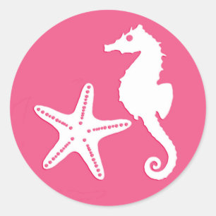Seepferd & Starfish, Fuchsienrosa und Weiß Runder Aufkleber
