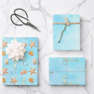 Seepferd Starfish Muscheln Peach Aqua     Geschenkpapier Set
