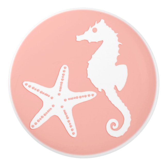 Seepferd u. Starfish - helles korallenrotes Rosa Keramikknauf (Vorderseite)