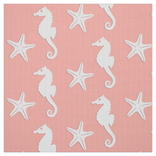 Seepferd u. Starfish - helles korallenrotes Rosa Stoff (Muster)