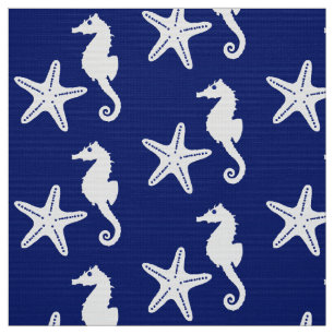 Seepferd u. Starfish - Marineblau und -WEISS Stoff