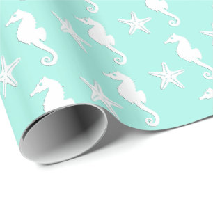 Seepferd u. Starfish - Weiß auf blassem Aqua Geschenkpapier