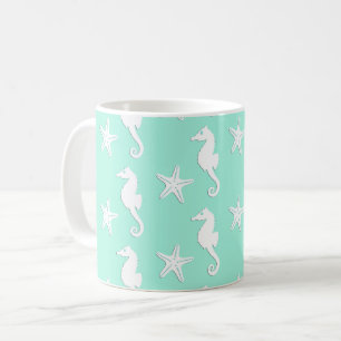 Seepferd u. Starfish - Weiß auf blassem Aqua Tasse