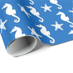 Seepferd u. Starfish - Weiß auf Kobaltblau Geschenkpapier