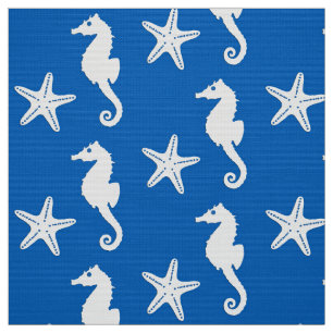 Seepferd u. Starfish - Weiß auf Kobaltblau Stoff