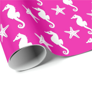 Seepferd u. Starfish - Weiß auf pinkfarbenem Rosa Geschenkpapier