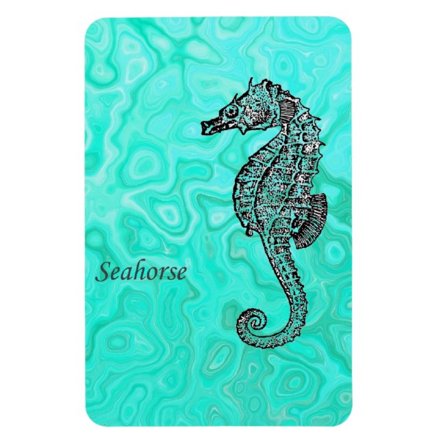 Seepferd über Aqua Splash Türkisblau Marmormuster Magnet (Vertikal)