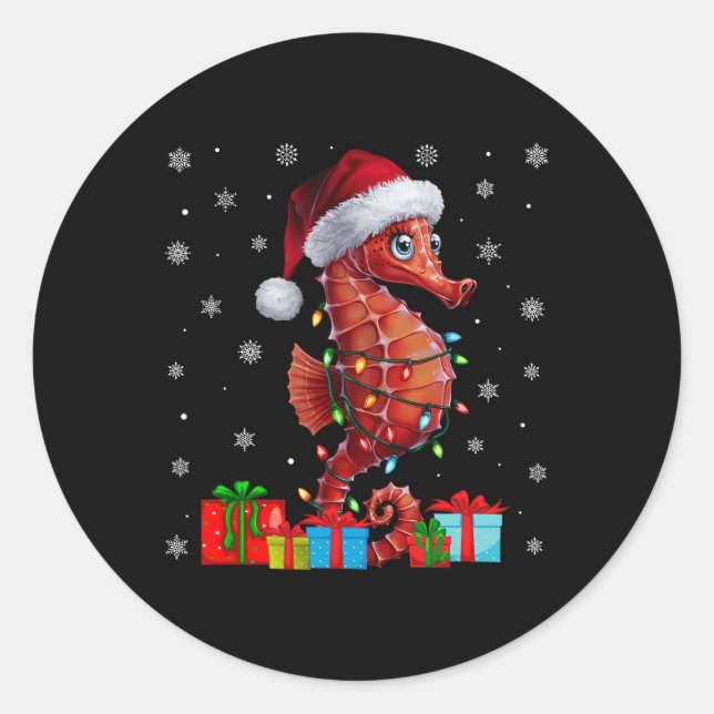 Seepferd Ugly Xmas Lights Weihnachtsmannmütze Seep Runder Aufkleber (Vorderseite)