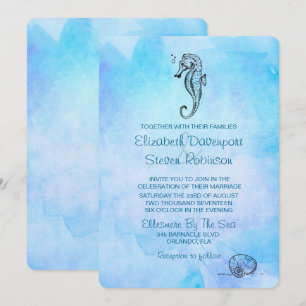Seepferd und Muschel auf blauem Aquarell-Hochzeit Einladung