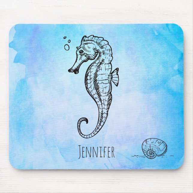 Seepferd und Seashell auf blaue Wasserfarbe - kund Mousepad (Vorne)