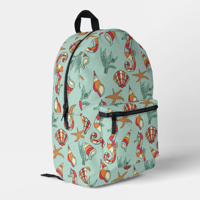 Seepferd und Seashell Muster Aquamarin Bedruckter Rucksack (Rückseitige Ecke links)
