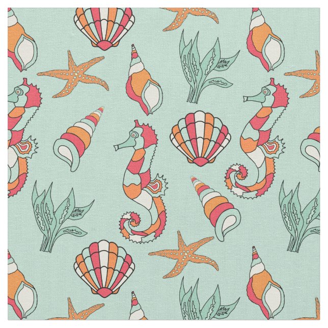 Seepferd und Seashell Muster Aquamarin Stoff (Nahaufnahme)