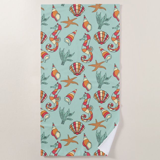 Seepferd und Seashell Muster Aquamarin Strandtuch (Vorderseite)