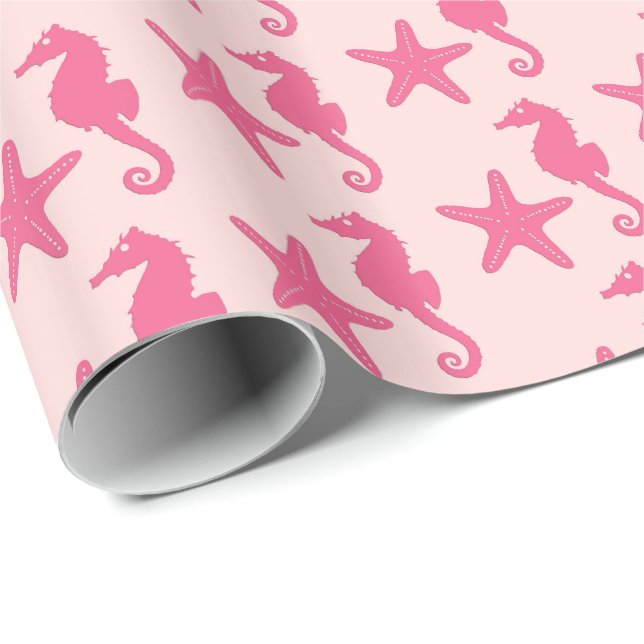 Seepferd und Seestern - Korallenrosa Geschenkpapier (Rolleneckpunkt)
