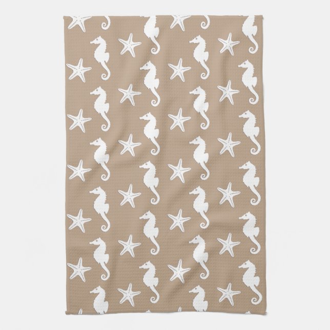 Seepferd und Seestern - weiß auf Taubtan Geschirrtuch (Vertikal)