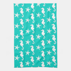 Seepferd und Seestern - weiß auf türkis Küchentuch