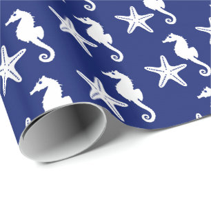 Seepferd und Seesterne - blau und weiß Geschenkpapier