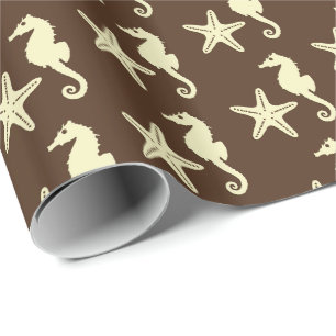 Seepferd und Seesterne - dunkelbraun und beige Geschenkpapier
