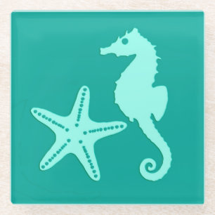 Seepferd und Seesterne - Türkis und Wasser Glasuntersetzer