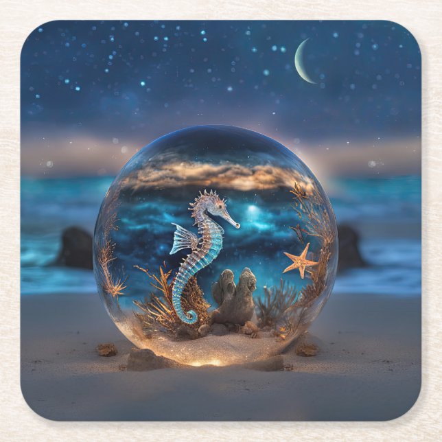 Seepferd und Starfish auf der Beach Fantasy Rechteckiger Pappuntersetzer (Vorderseite)