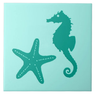 Seepferd und Starfish - Türkis und Aqua Fliese