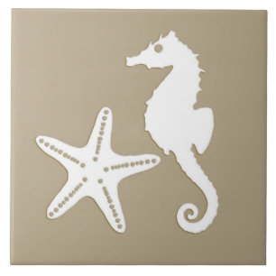 Seepferd und Starfish - Weiß auf Taupe tanqua Fliese