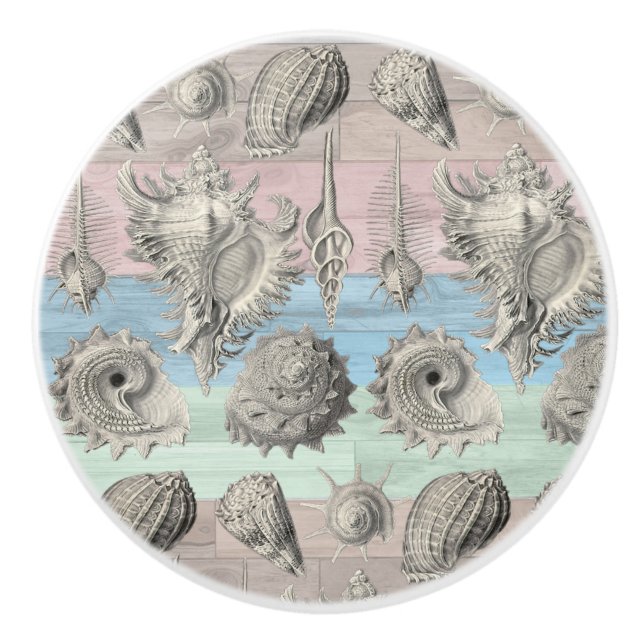Seepferd Wood Nautical Beach Muscheln Blue Peach Keramikknauf (Vorderseite)