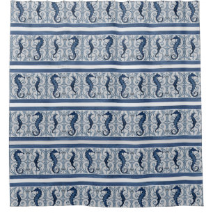 Seepferd Wood Scrolls Beach House Bath Navy White Duschvorhang