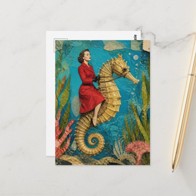 Seepferdchen-Fantasie-Reittier Postkarte (Vorderseite/Rückseite Beispiel)