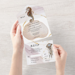 Seepferdchen Glitter abstrakte Küstenstrand Gold R All In One Einladung