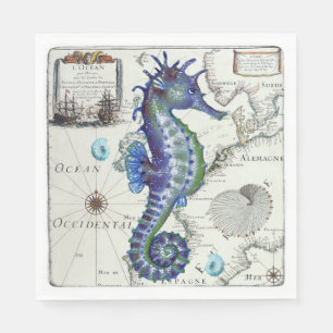 Seepferdchen-Karte Vintage Blau Serviette