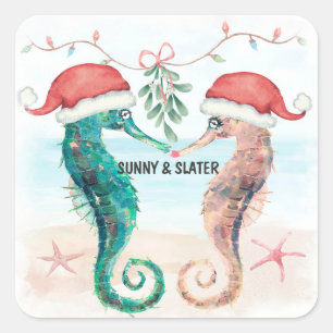 Seepferdchen-Kuss-Strand-Weihnachten-Paar-Dusche Quadratischer Aufkleber