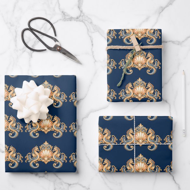 Seepferdchen-Muster blau orange Decoupage Geschenkpapier Set (Vorderseite)