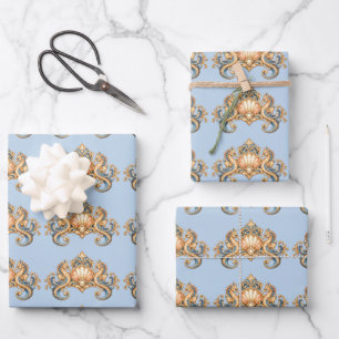 Seepferdchen-Muster pastellblau orange nautisch Geschenkpapier Set