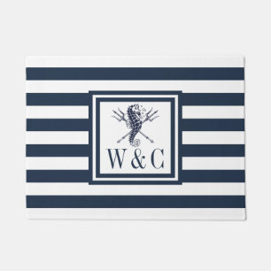 Seepferdchen-Nautik-Monogramm Navy-Blau-Streifen Fußmatte
