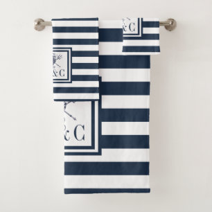 Seepferdchen Navy Blau gestreift Nautisches Monogr Badhandtuch Set