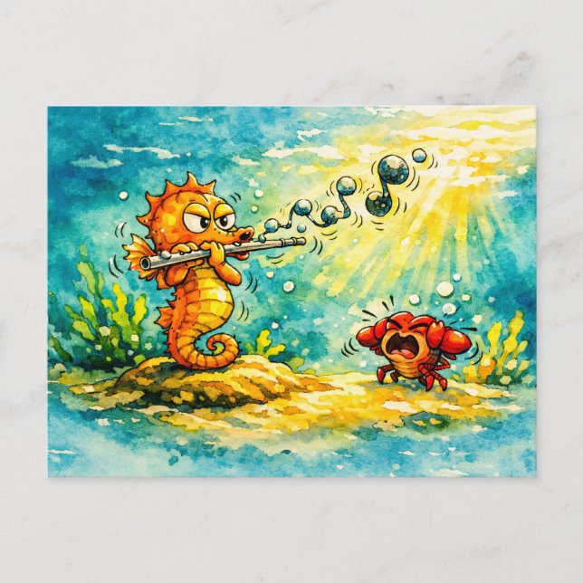 Seepferdchen spielt Flöte Cartoon   Postkarte (Vorderseite)