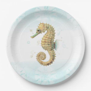Seepferdchen Teal & Gold Wasserfarbe Küstenstrand Pappteller