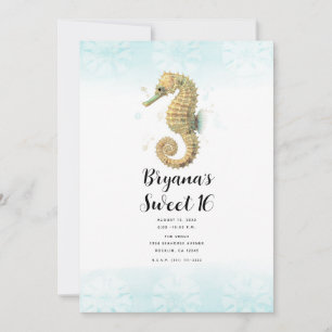 Seepferdchen Türkis & Gold Aquarell Sweet 16 Einladung