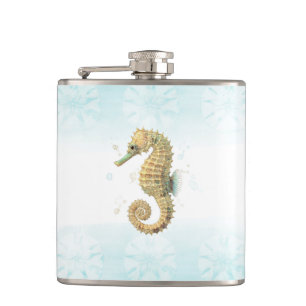 Seepferdchen Türkis & Gold Wasserfarbe Küstenstran Flachmann