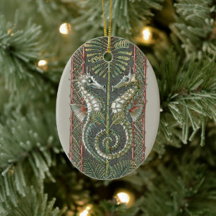 Seepferdchen und Seetang, Vintage Art Nouveau Keramik Ornament