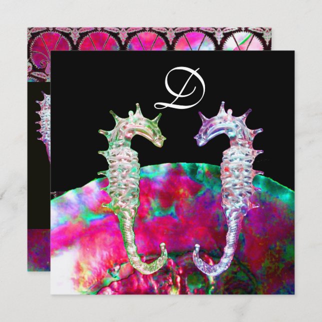 SEEPFERDE BEACH WEDD MONOGRAM, rosa blaues Schwarz Einladung (Vorne/Hinten)