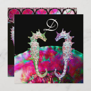 SEEPFERDE BEACH WEDD MONOGRAM, rosa blaues Schwarz Einladung