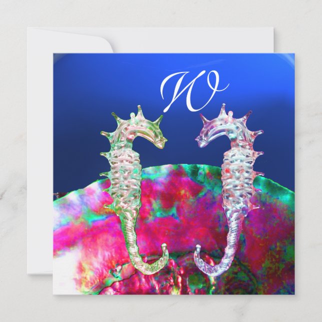 SEEPFERDE BEACH WEDD MONOGRAM, rosa blaues Schwarz Einladung (Vorderseite)